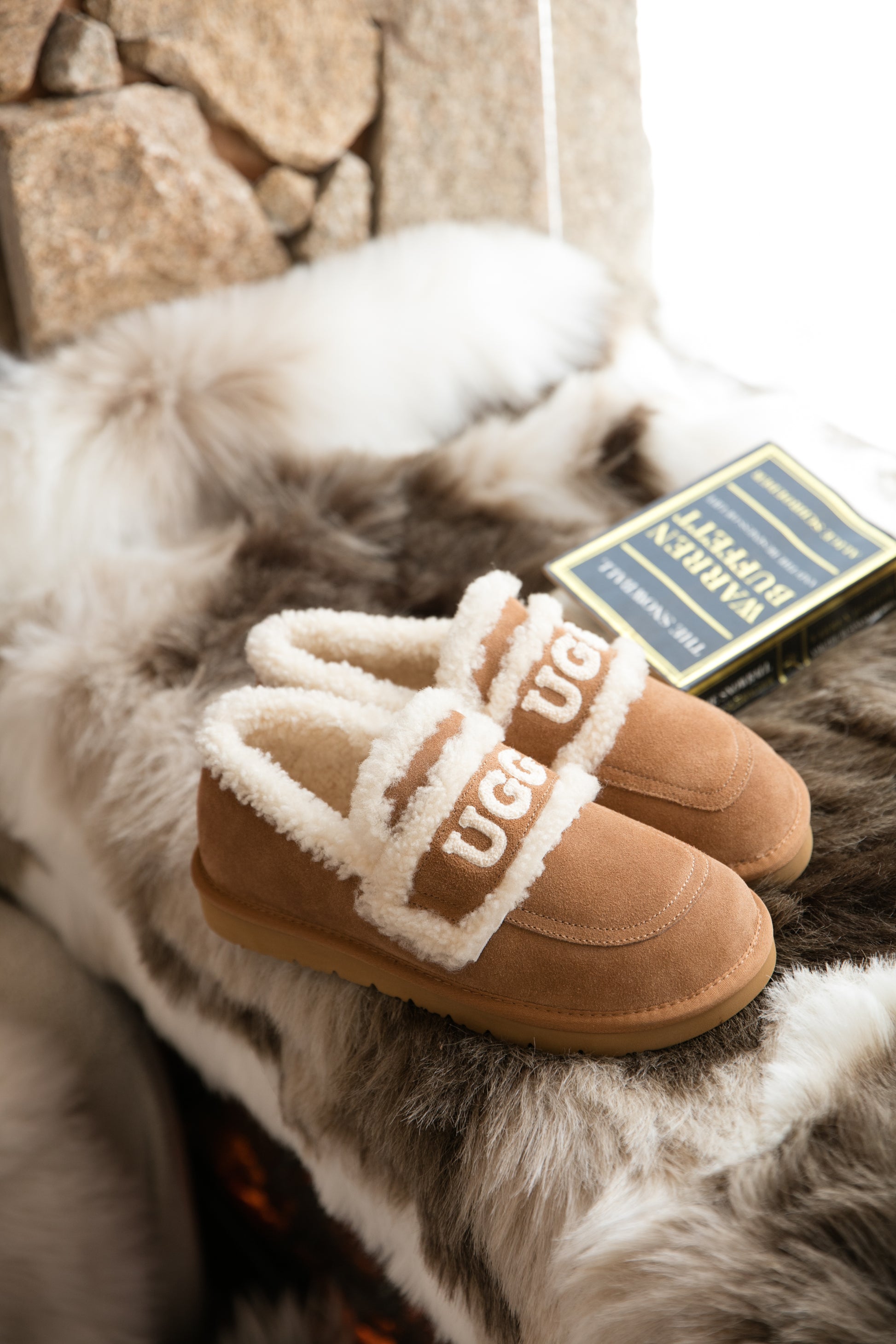 UGG Women’s Logo Strap Sheepskin Wool Slippers – Genuine AUS Suede