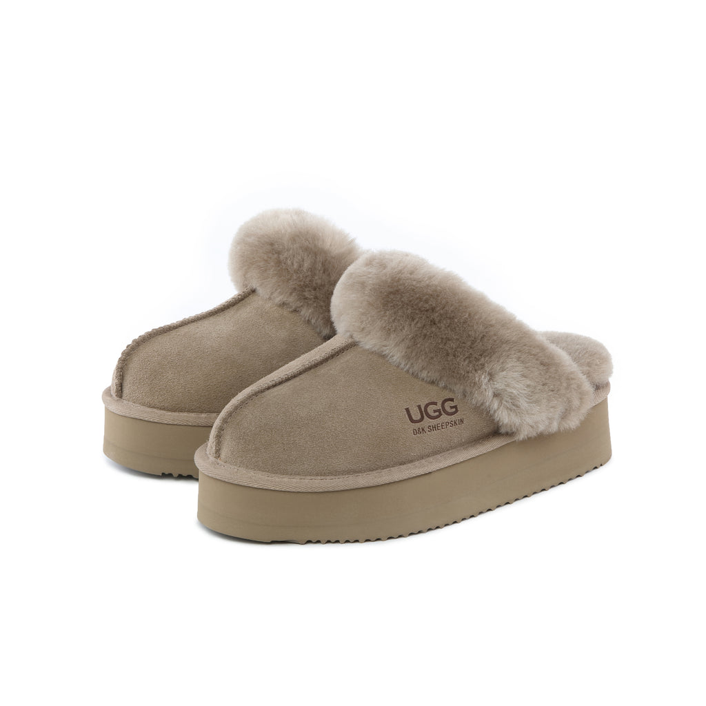UGG Slippers Women Platform Furry Australian Genuine Sheepskin Wool Slide