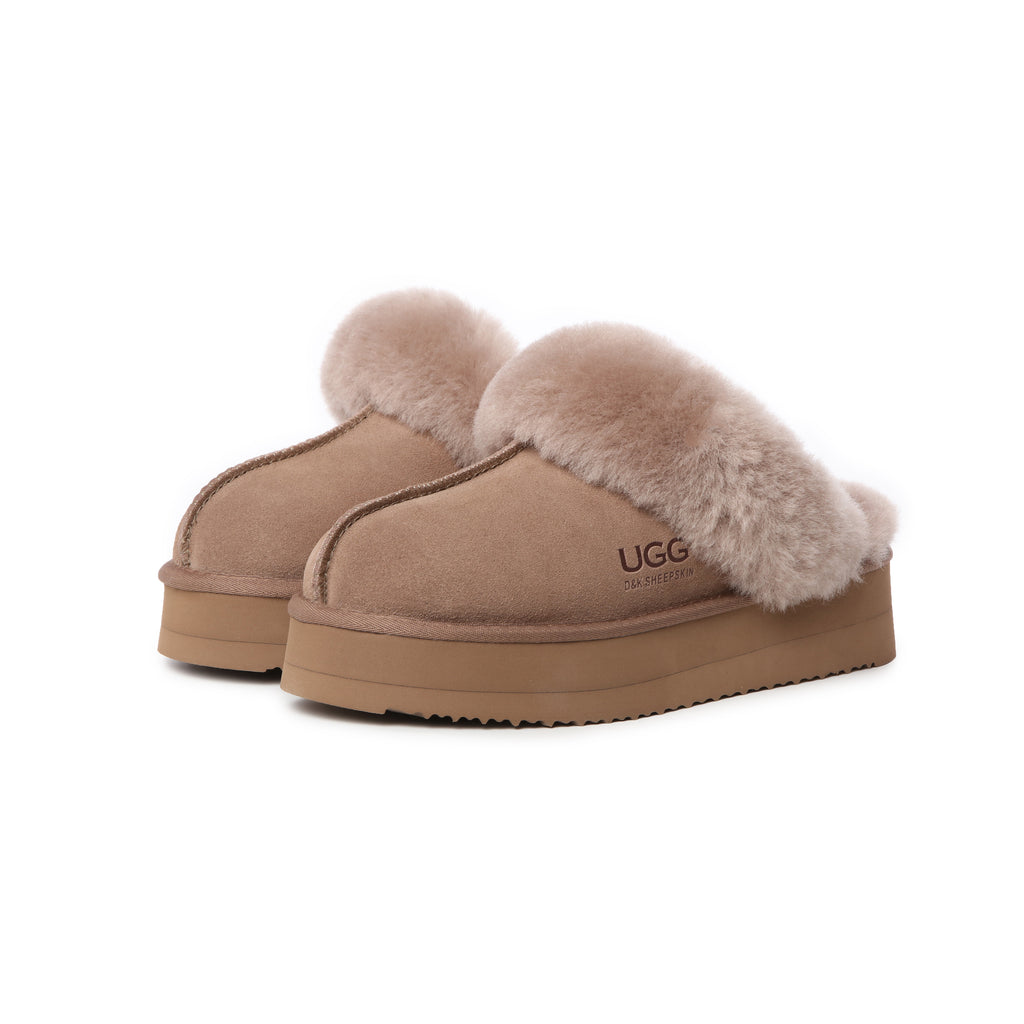 UGG Slippers Women Platform Furry Australian Genuine Sheepskin Wool Slide