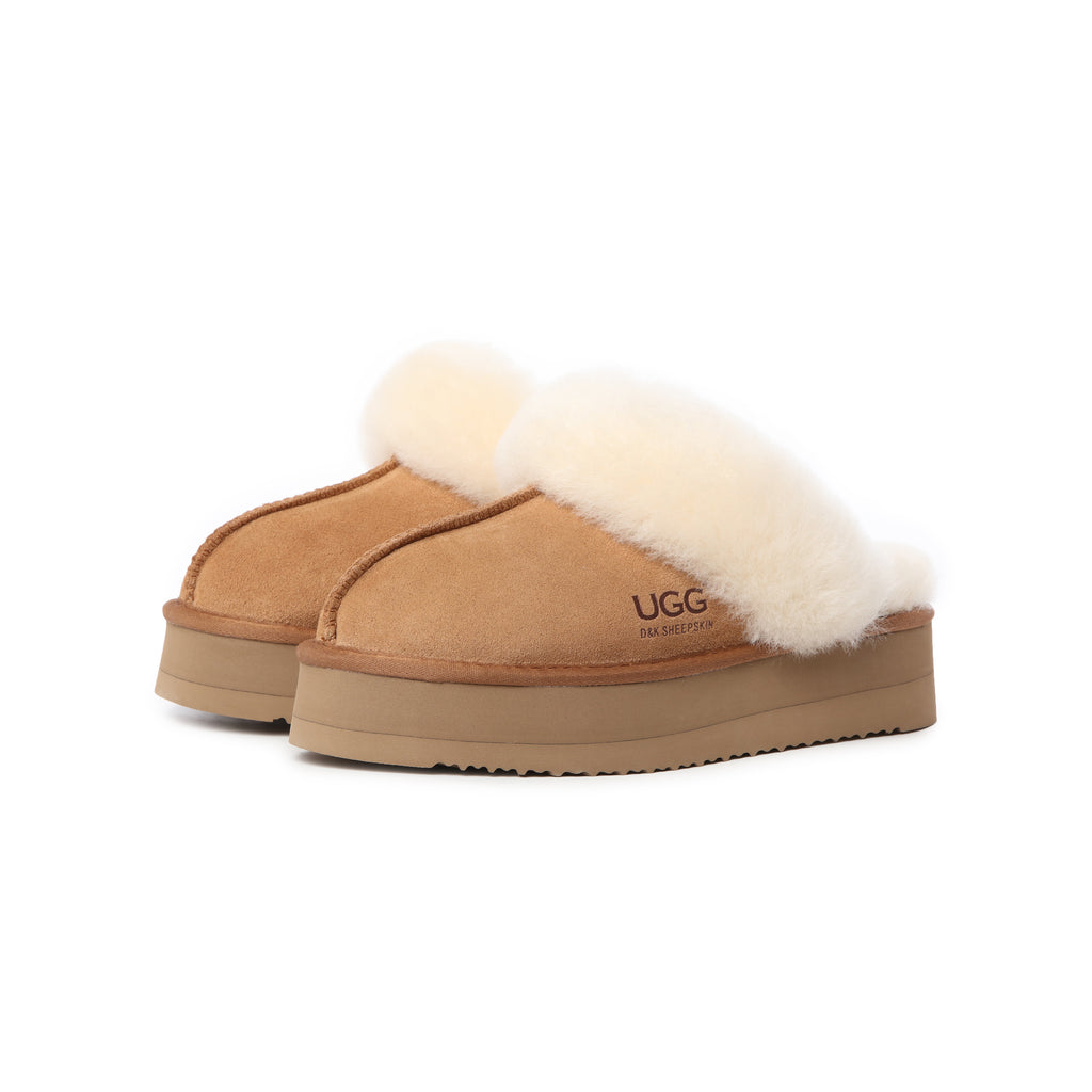 UGG Slippers Women Platform Furry Australian Genuine Sheepskin Wool Slide